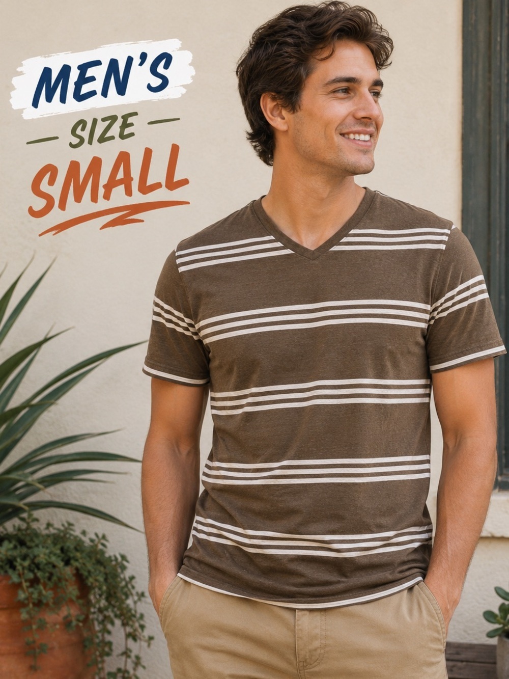 OLD NAVY Mens Brown Striped V-Neck Tee - Small
